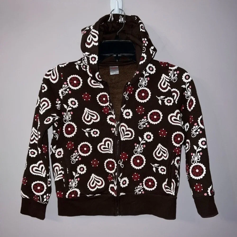 Thick brown floral sweater zip up hoodie brown white and red Gymboree - M (7-8)